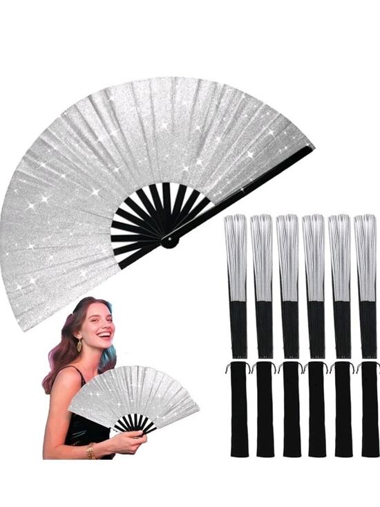 Unbranded Other - Large Folding Hand Fans 6 PCS for Line Dancing Silver Shimmery Glitter Black s30